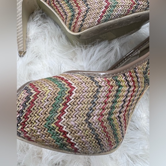 Italian Henry Ferrera Tan Y2K Peep Toe Wicker Wood Heels Stiletto Pumps 8 Italy - Picture 6 of 16